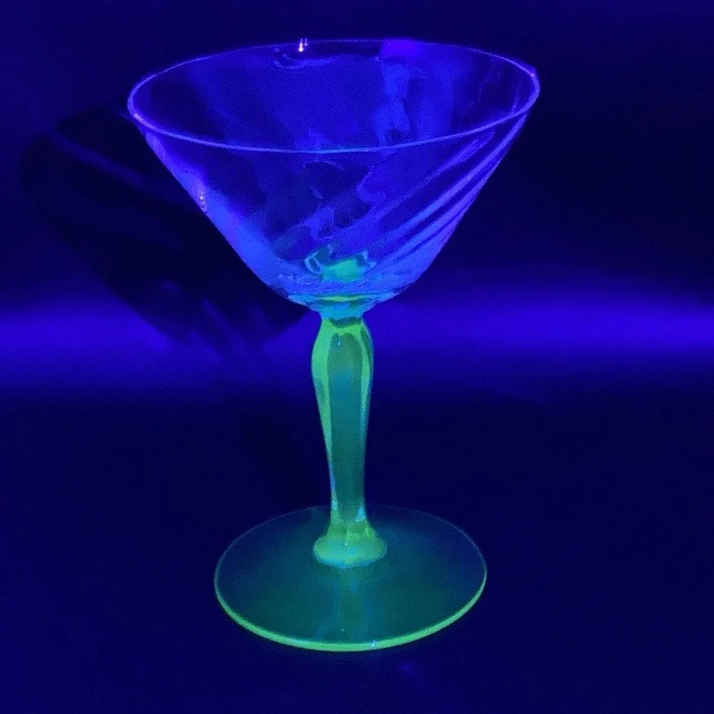1 - Fostoria Green Stem Optic Swirl Cocktail Glass / Uranium 1940s / UV Glow